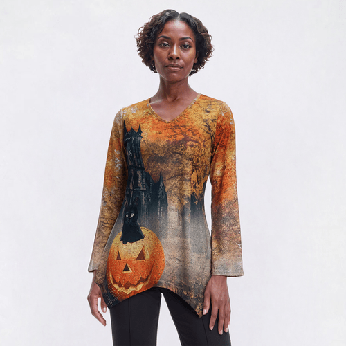 Womens OneWorld Long Sleeve Sharkbite Haunted House Tee