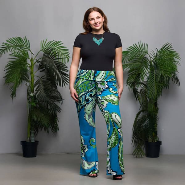 Plus Size 24/7 Comfort Apparel Teal Paisley Bell Bottom Pants