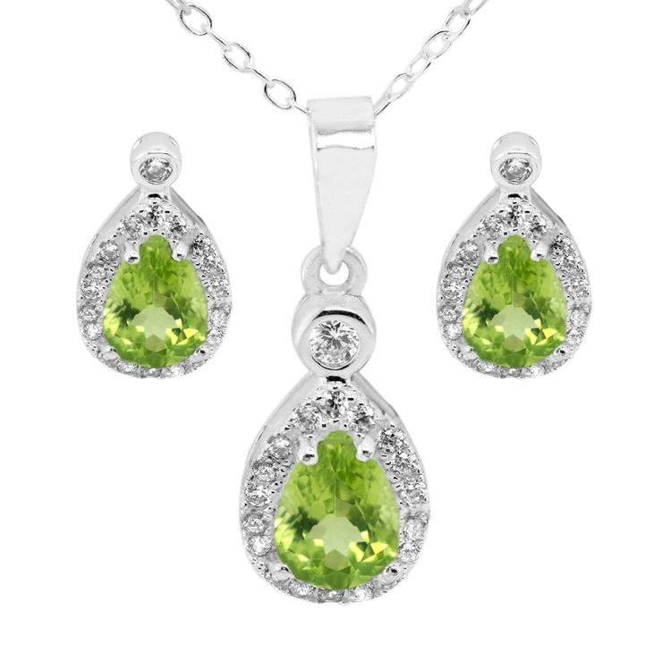 Marsala Pear Shape Genuine Peridot & Clear Cubic Zirconia Set