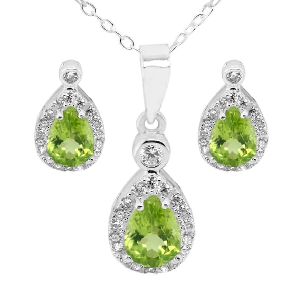 Marsala Pear Shape Genuine Peridot & Clear Cubic Zirconia Set - image 
