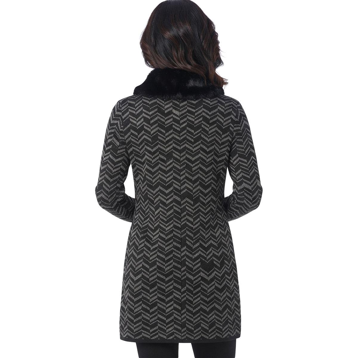 Womens Kasper Long Sleeve Fur Collar Metallic Chevron Cardigan