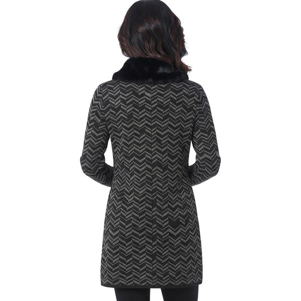 Petite Kasper Long Sleeve Fur Collar Metallic Chevron Cardigan