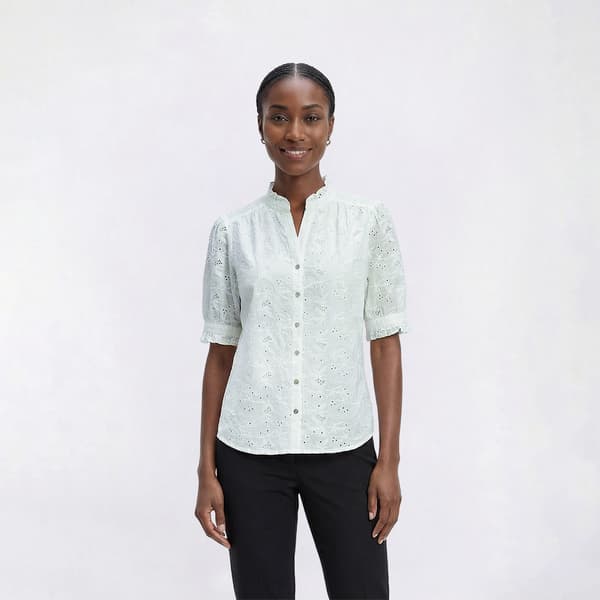 Womens Nicole Miller Elbow Sleeve Button Front Eyelet Blouse - image 