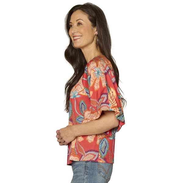 Womens Democracy Elbow Sleeve O-Ring Neck Floral Blouse