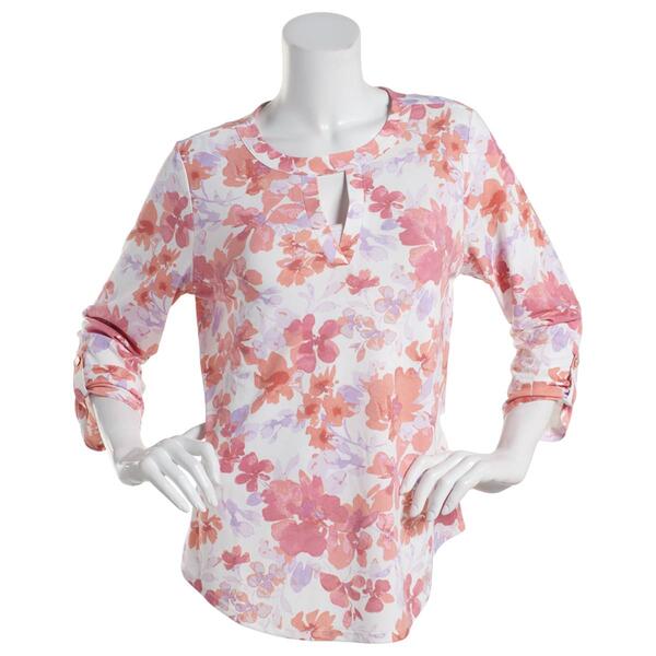 Petite Cure 3/4 Sleeve Roll Tab Ivory Floral Blouse - image 