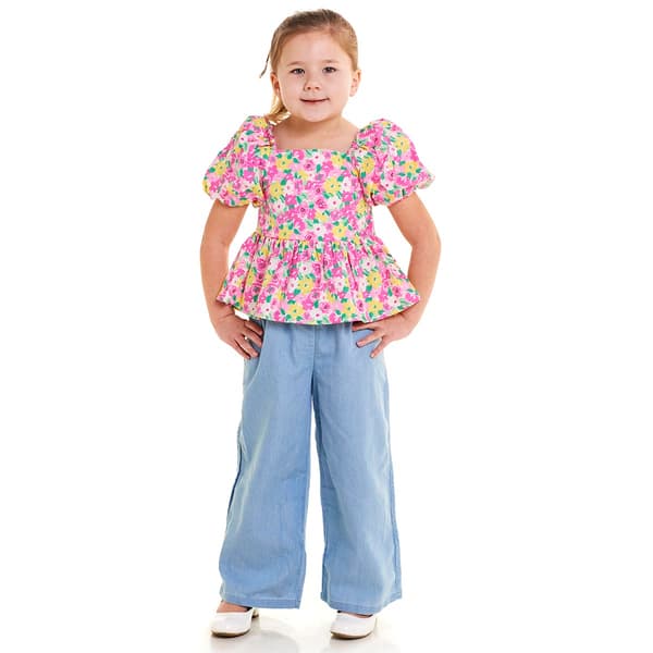 Girls &#40;4-6x&#41; BTween&#40;R&#41; Puff Sleeve Top/ Wide Leg Chambray Pants Set