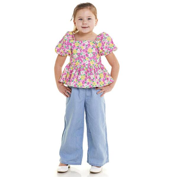 Girls &#40;4-6x&#41; BTween&#40;R&#41; Puff Sleeve Top/ Wide Leg Chambray Pants Set - image 