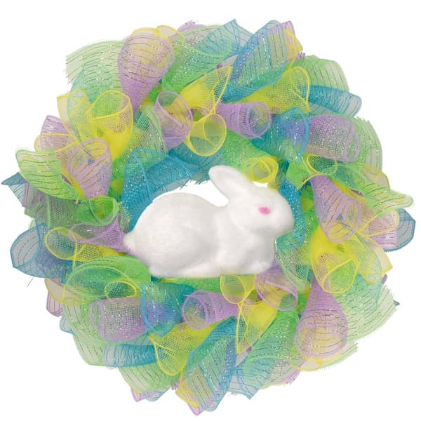 Northlight Seasonal Pastel Deco Mesh Ribbon Easter Bunny Wreath - image 