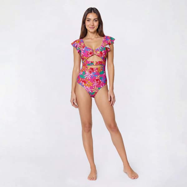 Womens Cupshe Ruffle Sleeve Tropical U Wire One Piece Swimsuit