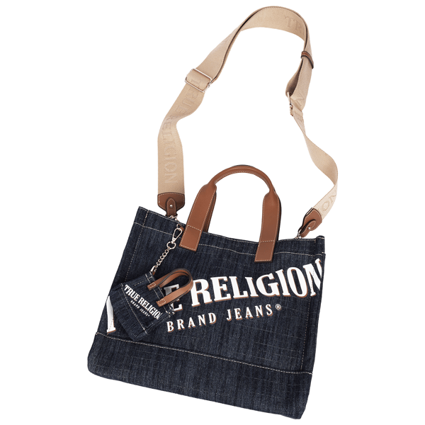 True Religion Medium Logo Denim Tote With Tote Dangle Charm