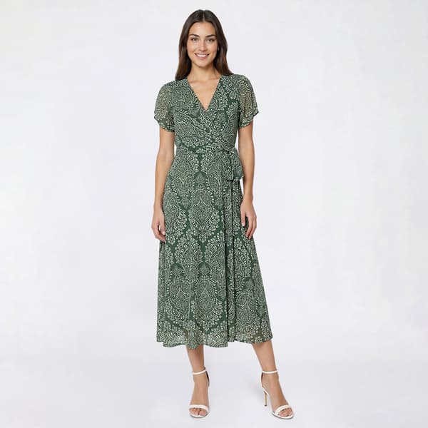 Womens Luxology Damask Mesh Surplice Neck Faux Wrap Dress
