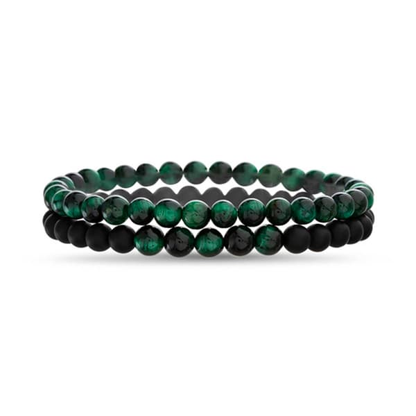 Mens Creed 6mm Malachite Beaded &amp; Black Duo Bracelet Set - image 
