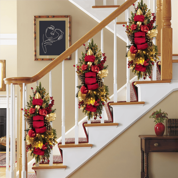 Puleo International Pre-Lit Adorned Gold & Red Banister Swag