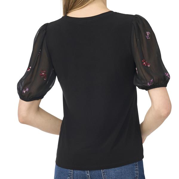 Womens Cece Short Beaded Floral Sleeve Mixed Media Blouse