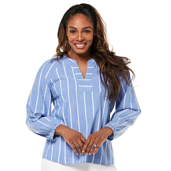 Womens Preswick & Moore(R) Long Sleeve Stripe Split Neck Blouse