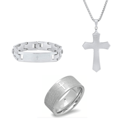 Mens Iron Saints Faith Silver Lords Prayer Engraved 3pc. Set