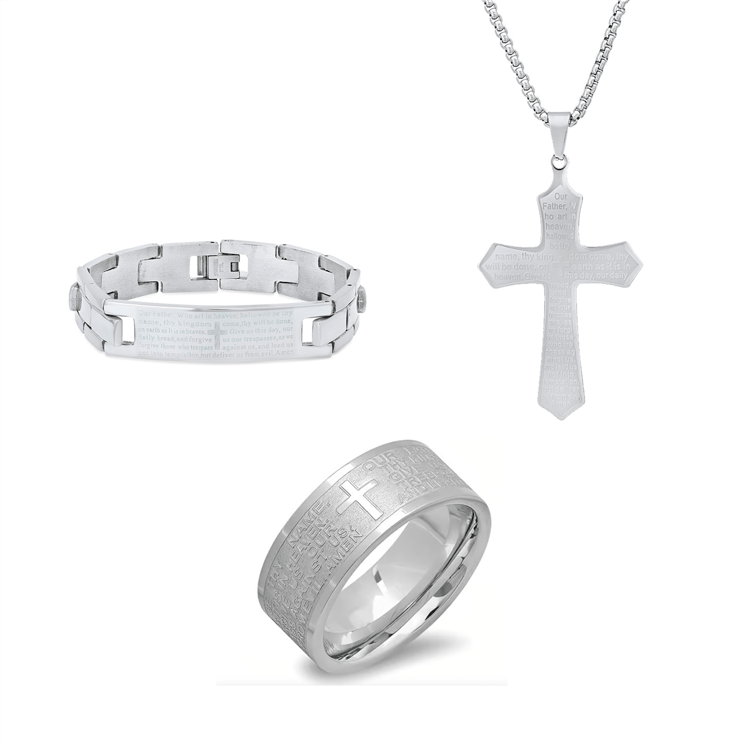 Mens Iron Saints Faith Silver Lords Prayer Engraved 3pc. Set