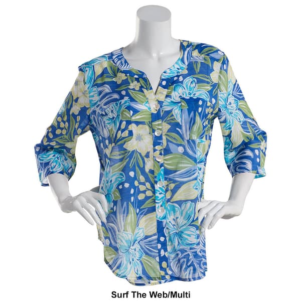 Petites Preswick & Moore&#174; Elbow Sleeve Tropical Button Blouse
