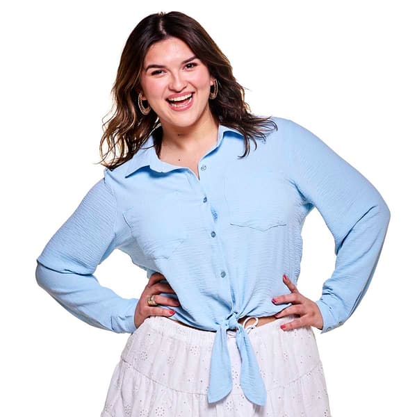 Juniors Plus Bethany Tie Front Casual Button Down