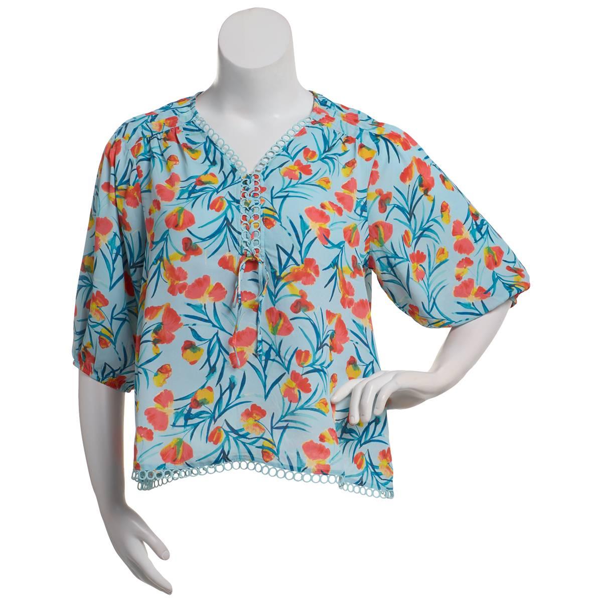 Womens Zac & Rachel Elbow Sleeve Floral Tie Placket Blouse