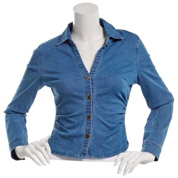 Juniors Love Tree V-Neck Button Up Denim Jacket - image 