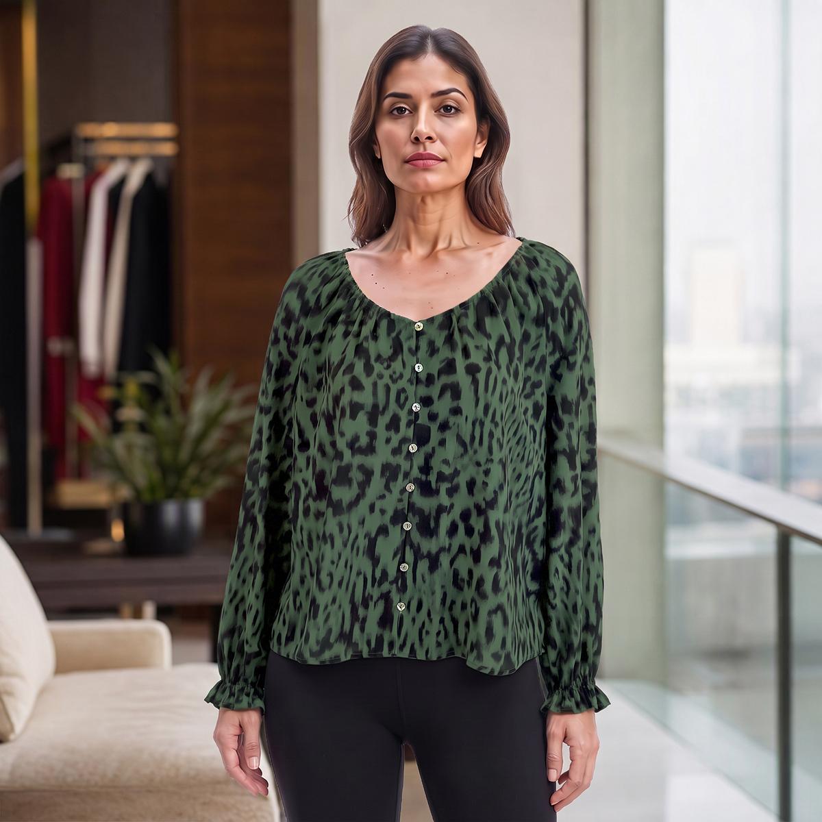 Womens Nicole Miller Long Sleeve Blurred Leopard Blouse