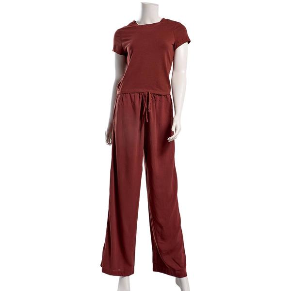 Juniors Hunter & Brown Knit Tee With Linen Blend Wide Leg Pants - image 