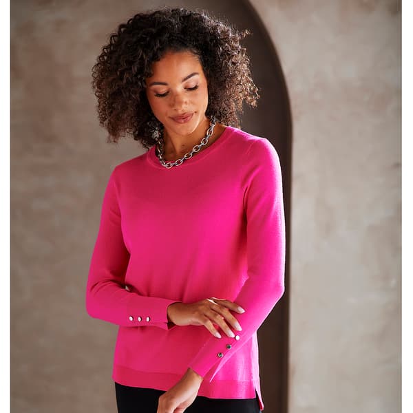 Petite Retrology Crew Neck Button Sleeve Side Slit Sweater - image 