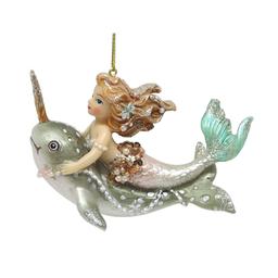 Resin Mermaid Riding a Narwhal Ornament