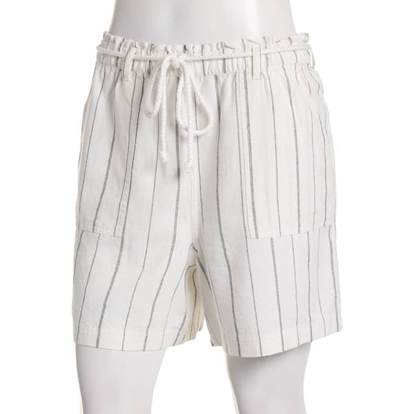 Womens Per Se Stripe Linen Shorts With Rope Belt-White/ Black