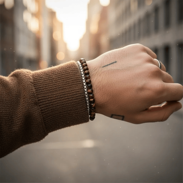 Mens Iron Saints Silver Layered Box Chain & Tiger Eye Bracelet
