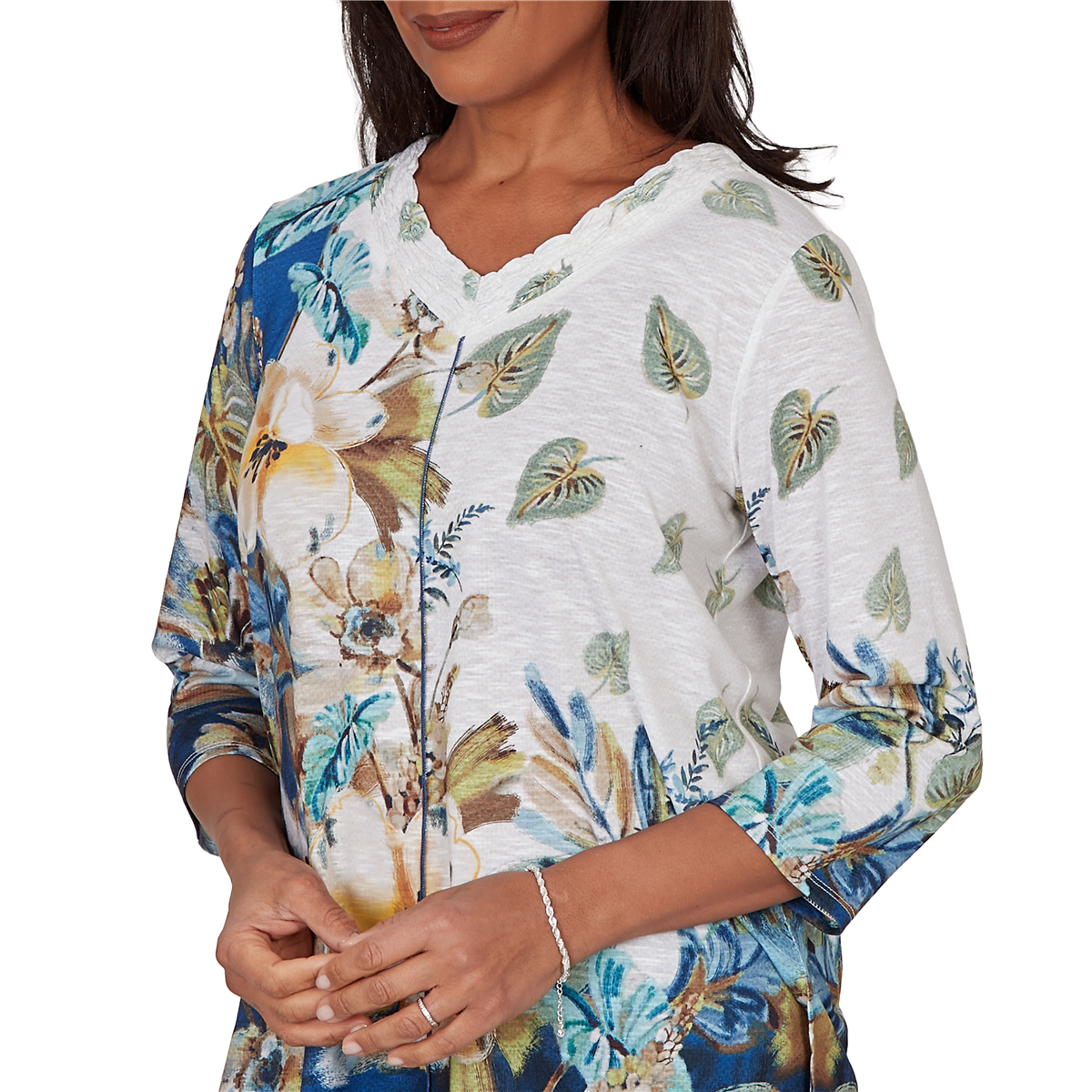 Womens Alfred Dunner Indigo Girls 3/4 Sleeve Floral Blouse