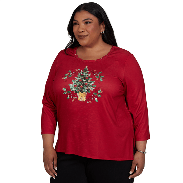 Plus Size Alfred Dunner Classics 3/4 Sleeve Christmas Tree Blouse