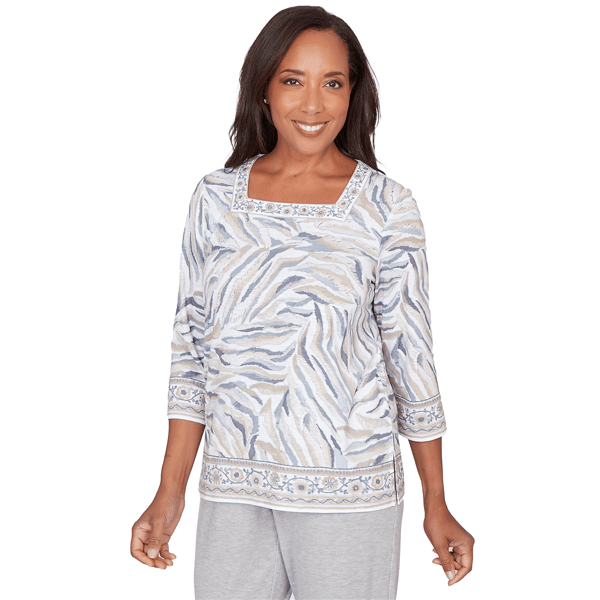 Petite Alfred Dunner Comfort & Joy Square Neck Abstract Blouse