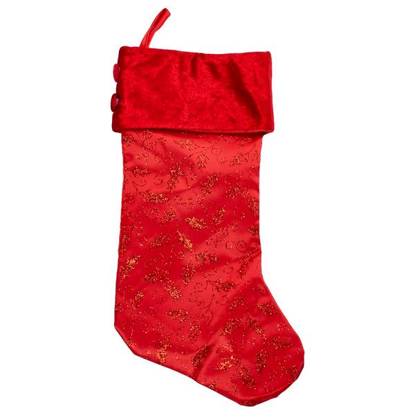 Holly Pattern Satin Stocking w/ Velvet Cuff - image 