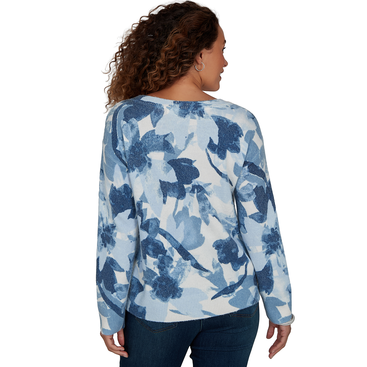 Womens Skye’s the Limit Icy Blue Sparkle Abstract Floral Sweater