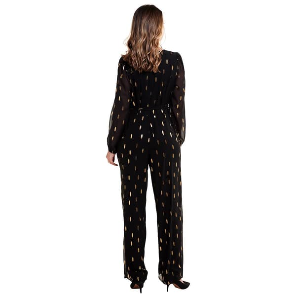 Petite MSK Long Sleeve V-Neck 1/4 Button Foil Dot Jumpsuit