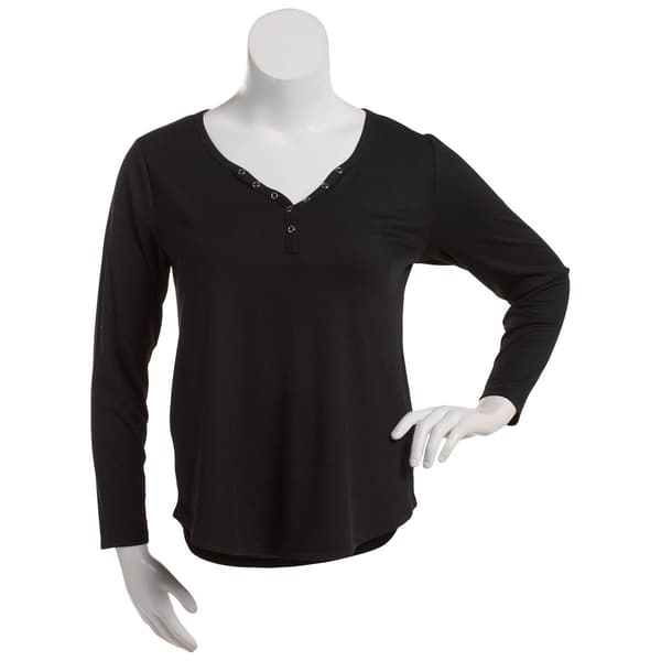 Juniors Plus Eye Candy Long Sleeve Rib Snap Button Tee - image 