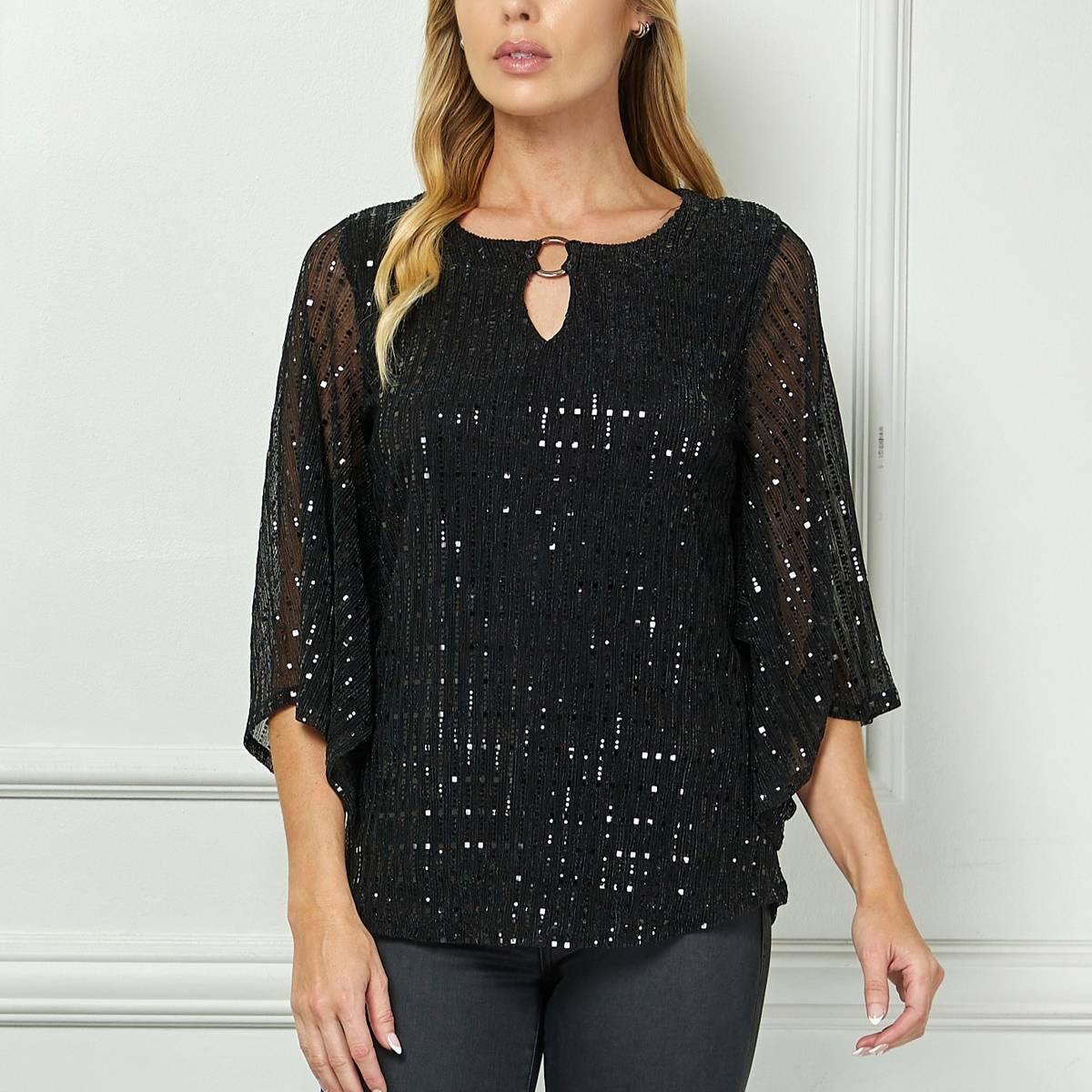 Womens Sara Michelle 3/4 Sleeve Moonlight Sequin Blouse