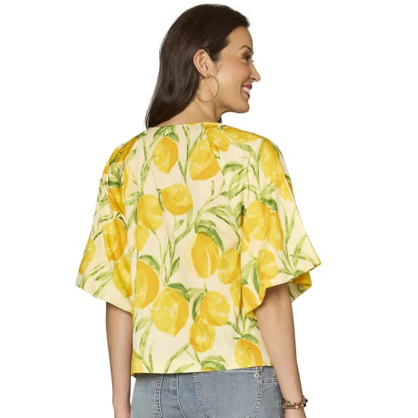 Womens Democracy Elbow Sleeve O-Ring Neck Lemon Blouse