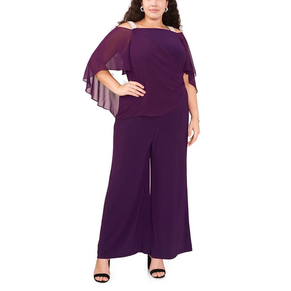 Plus Size MSK Solid Capelet Overlay Rhinestone Trim Jumpsuit