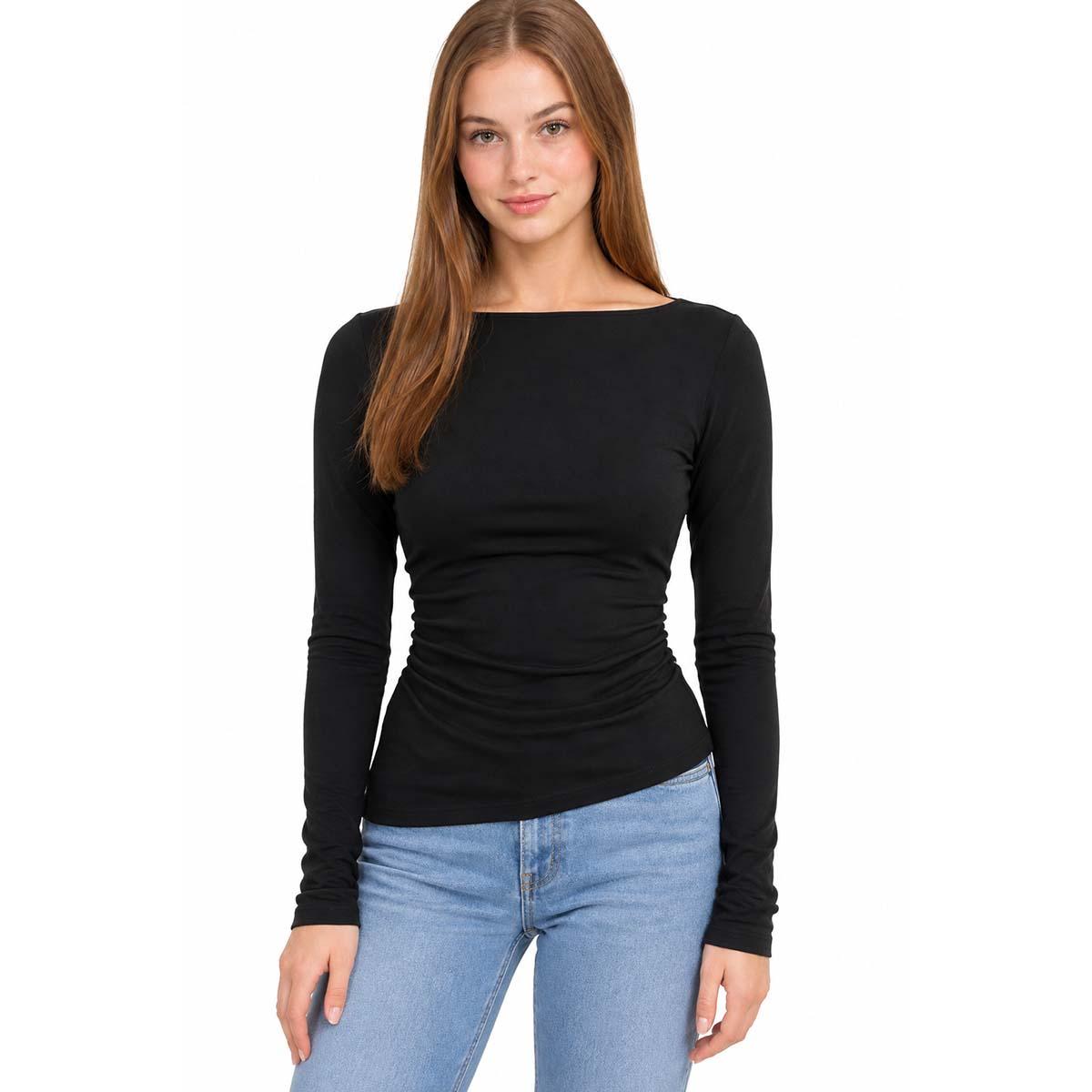 Juniors Love Tree Long Sleeve Boat Neck Asymmetrical Hem Top