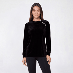 Womens AK Anne Klein Long Sleeve Button Neck Velvet Blouse