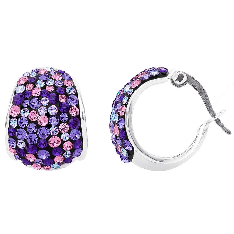 Brass Silver-Plated Purple Crystal Small Hoop Earrings