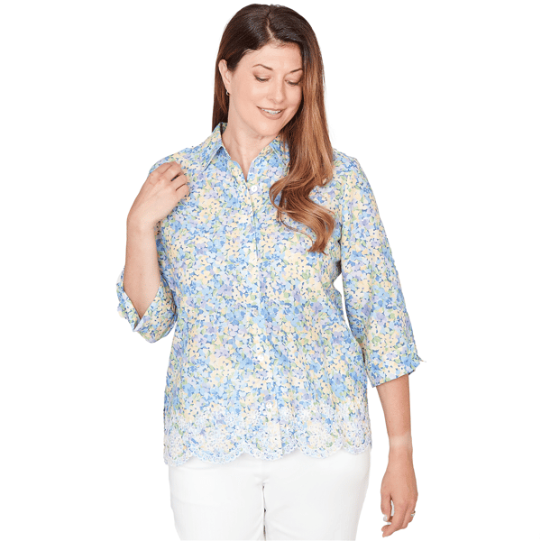 Womens Alfred Dunner Classics 3/4 Sleeve Lace Hem Button Down