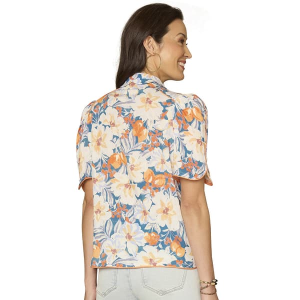 Womens Democracy Elbow Sleeve Floral Button Down Blouse