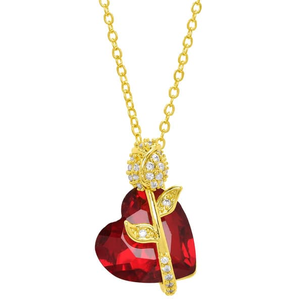 Gold Plated Lab Ruby Heart Flower Pendant Necklace - image 