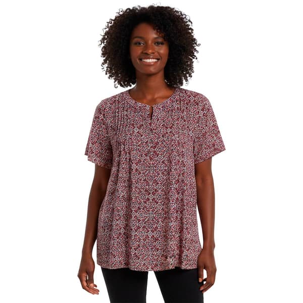 Plus Size Napa Valley Short Sleeve Medallion Pleat Henley Blouse - image 