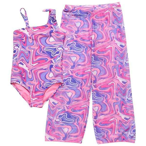 Girls (7-16) Kensie One Piece Marble with Mesh Pants Swim Set