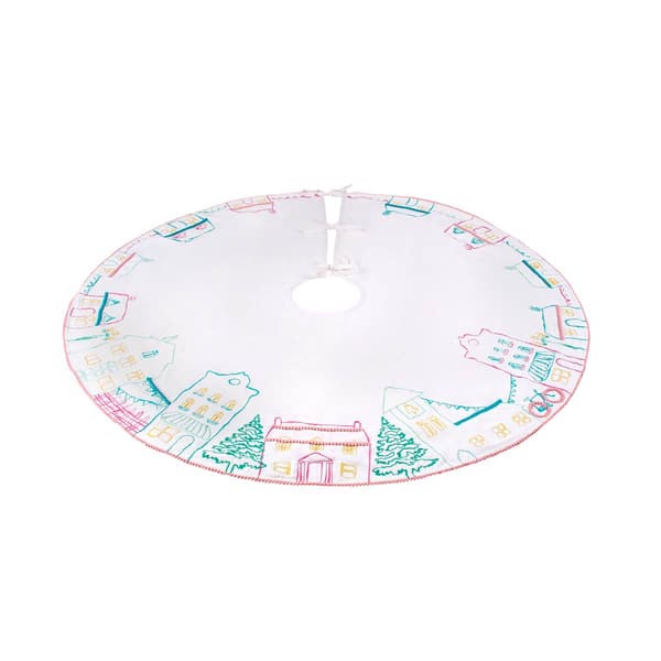 National Tree Village Scene White Velvet Tree Skirt w/ Embroidery